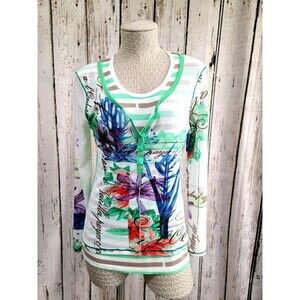 Marc Aurel Sheer Sleeve‎ Layered Floral Colorful Blouse Shirt Top Women's 40 EUC